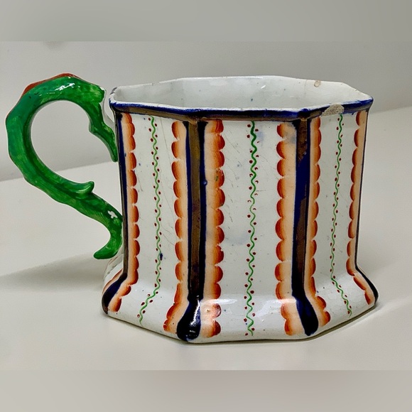 c. 1820 Antique Gaudy Welsh Octagonal Serpent Handle Harvest Cup Frog Mug - Picture 15 of 16